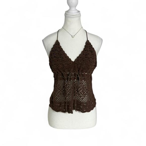 Canyon River Blues Tops - Brown crochet halter top with tie back detail Size XL